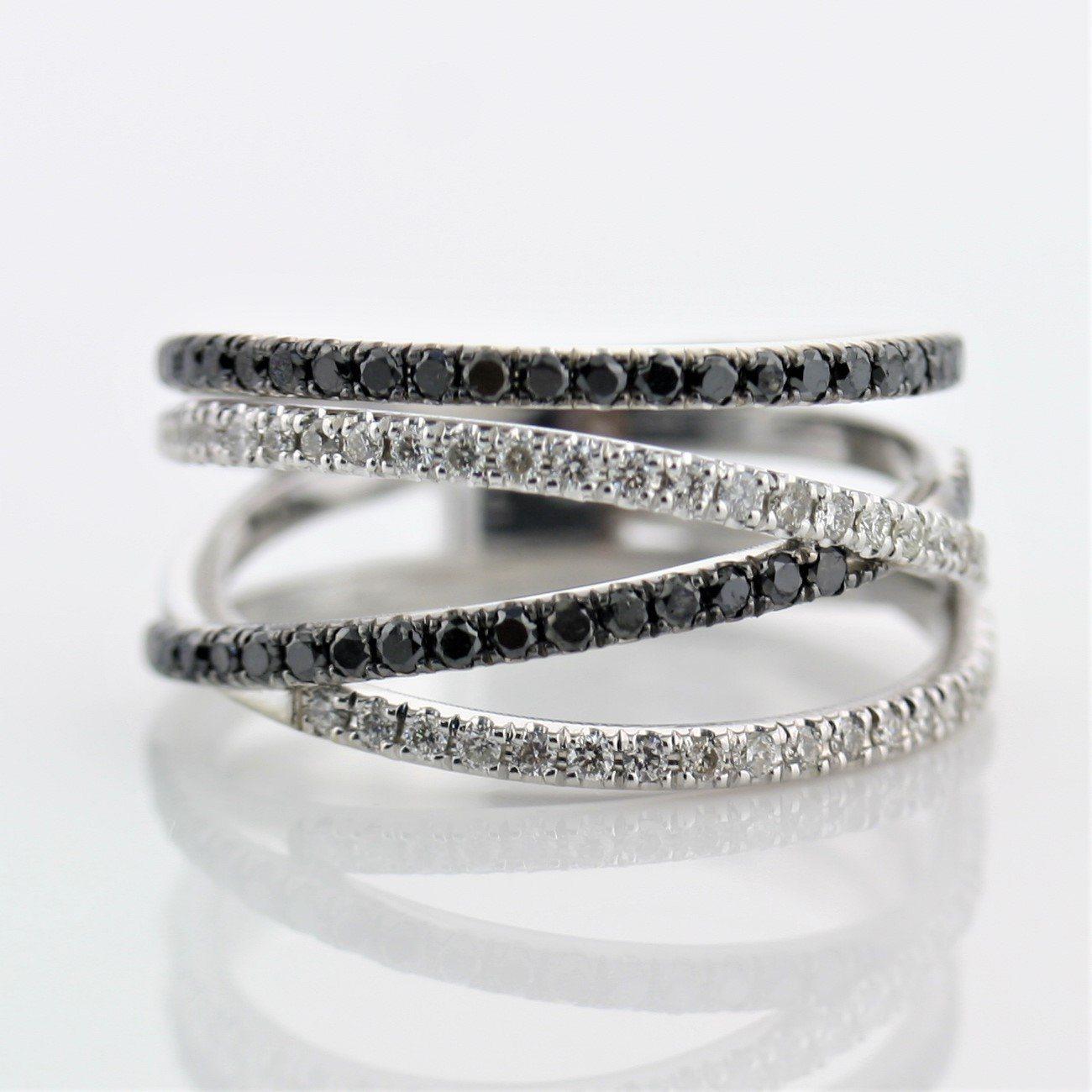 Black and White Diamonds Wide Ring 14K White Gold Crisscross Band - Thenetjeweler