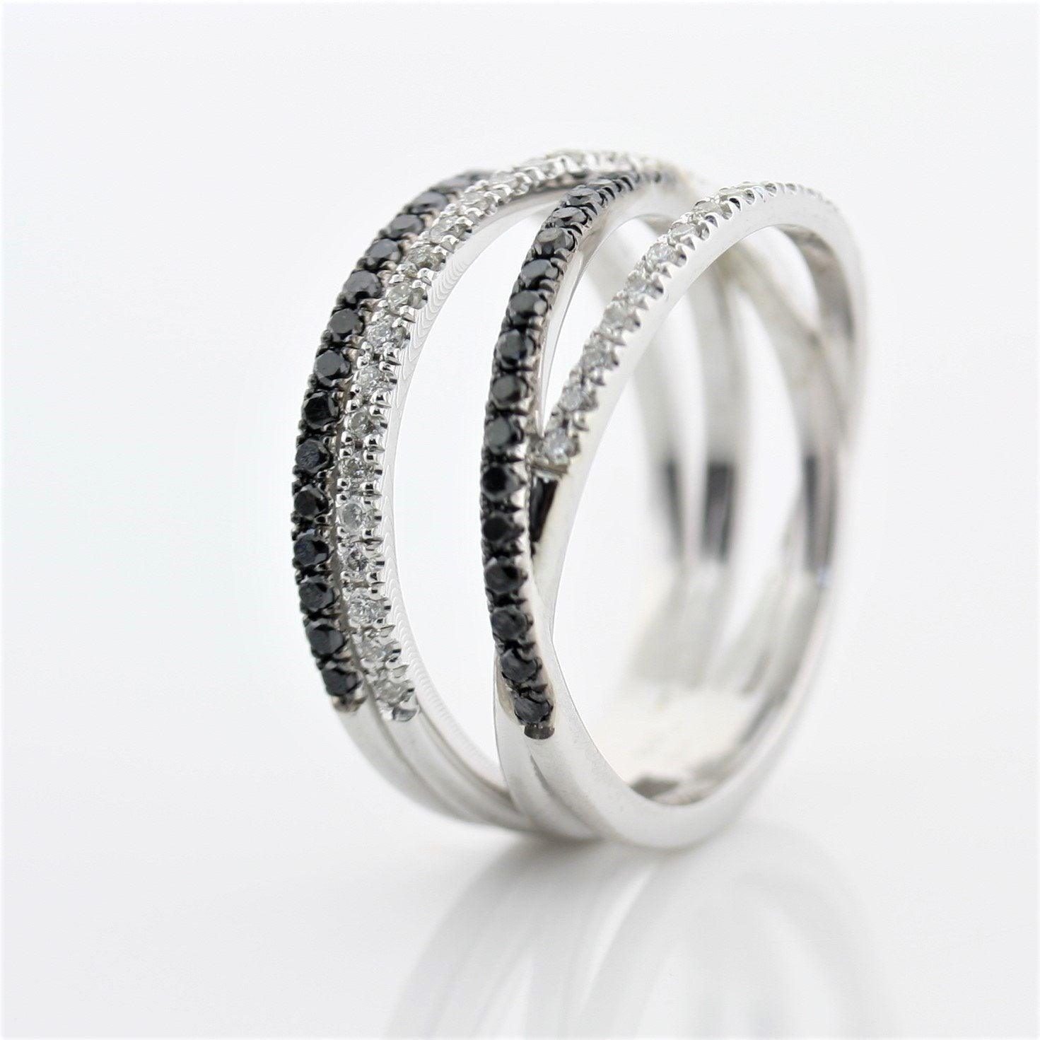 Black and White Diamonds Wide Ring 14K White Gold Crisscross Band - Thenetjeweler