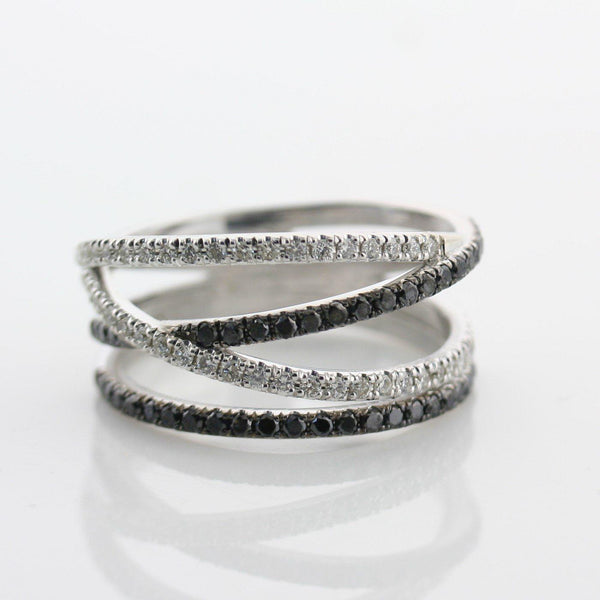 Black and White Diamonds Wide Ring 14K White Gold Crisscross Band - Thenetjeweler