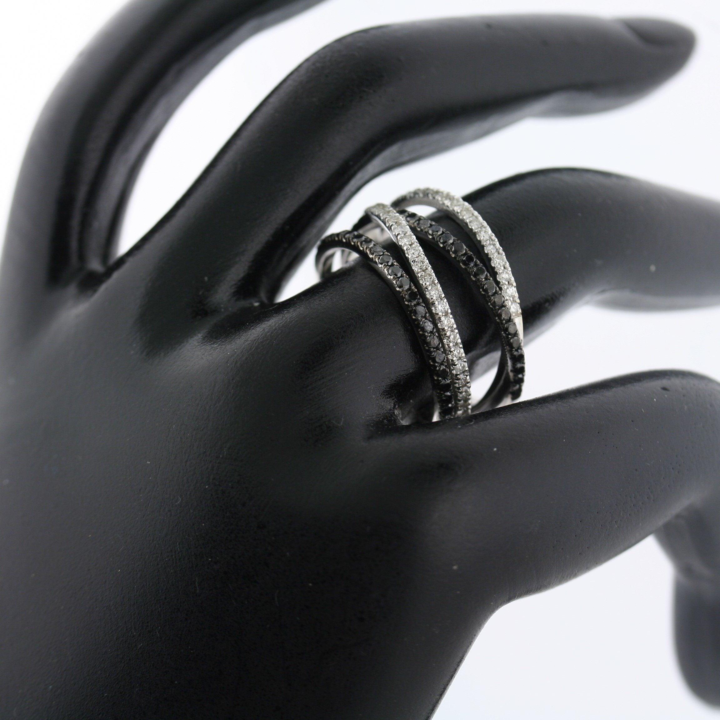 Black and White Diamonds Wide Ring 14K White Gold Crisscross Band - Thenetjeweler