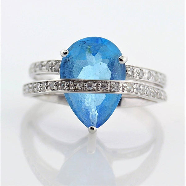 Pear Shaped Blue Topaz Diamond Ring 14K White Gold - Thenetjeweler