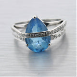 Pear Shaped Blue Topaz Diamond Ring 14K White Gold - Thenetjeweler