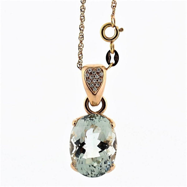 Prasiolite Oval and Diamond Pendant Necklace 14K Pink Gold - Thenetjeweler