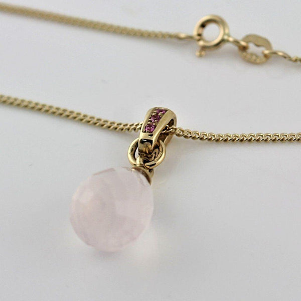Pink Quartz and Pink Sapphire Pendant Necklace 14K Yellow Gold - Thenetjeweler