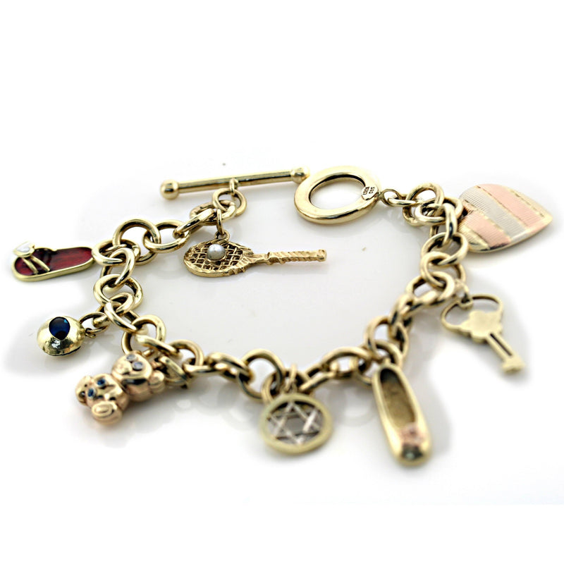 14K Yellow Gold Link Bracelet with Dangling Charms Make your Own Charm - Thenetjeweler