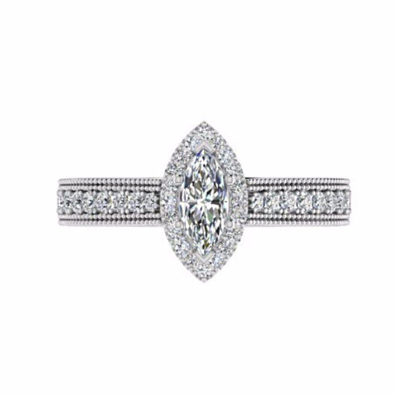 Marquise Diamond Halo Side Stone Engagement Ring 18K White Gold Setting - Thenetjeweler