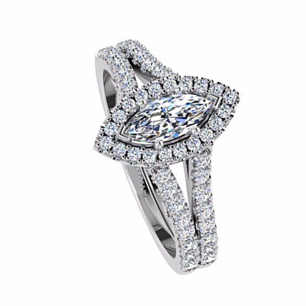 Marquise Halo Diamond Split Shank Engagement Ring 18K Gold - Thenetjeweler