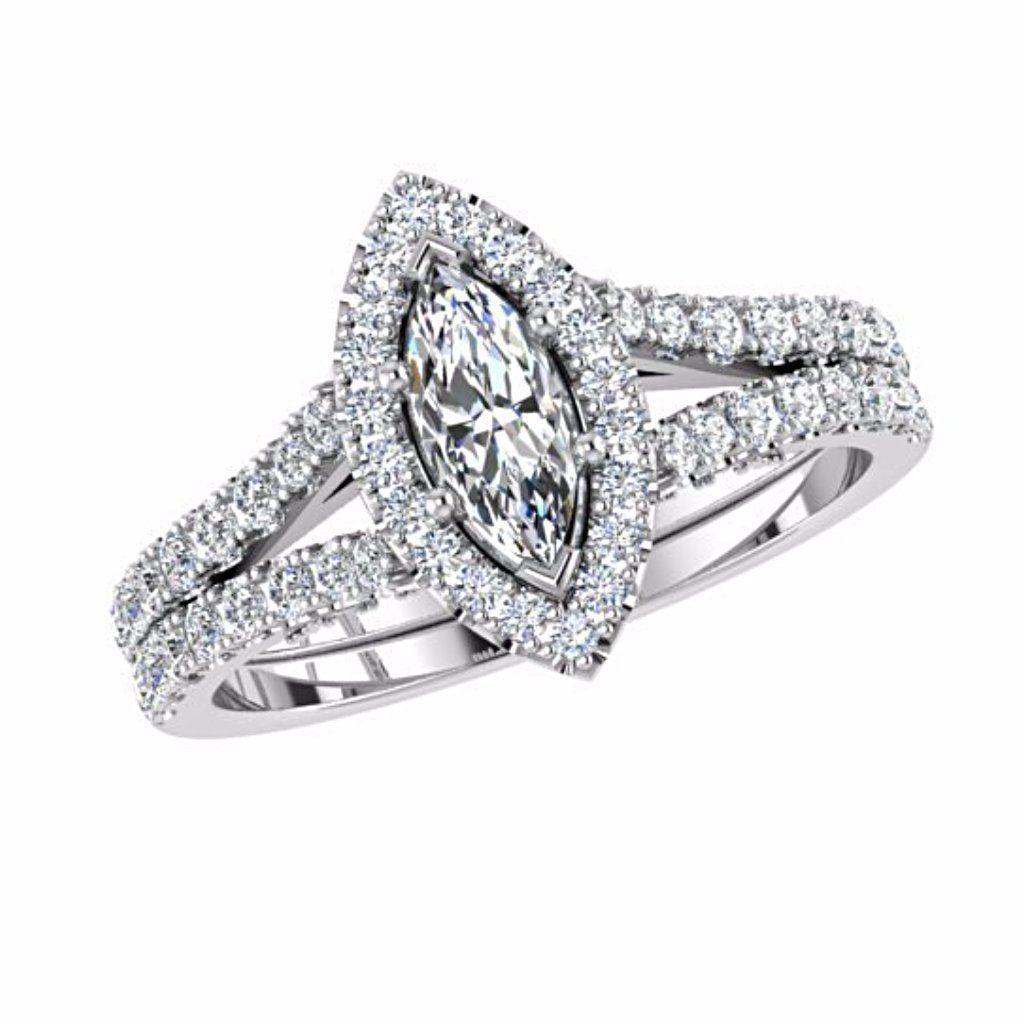 Marquise Halo Diamond Split Shank Engagement Ring 18K Gold - Thenetjeweler