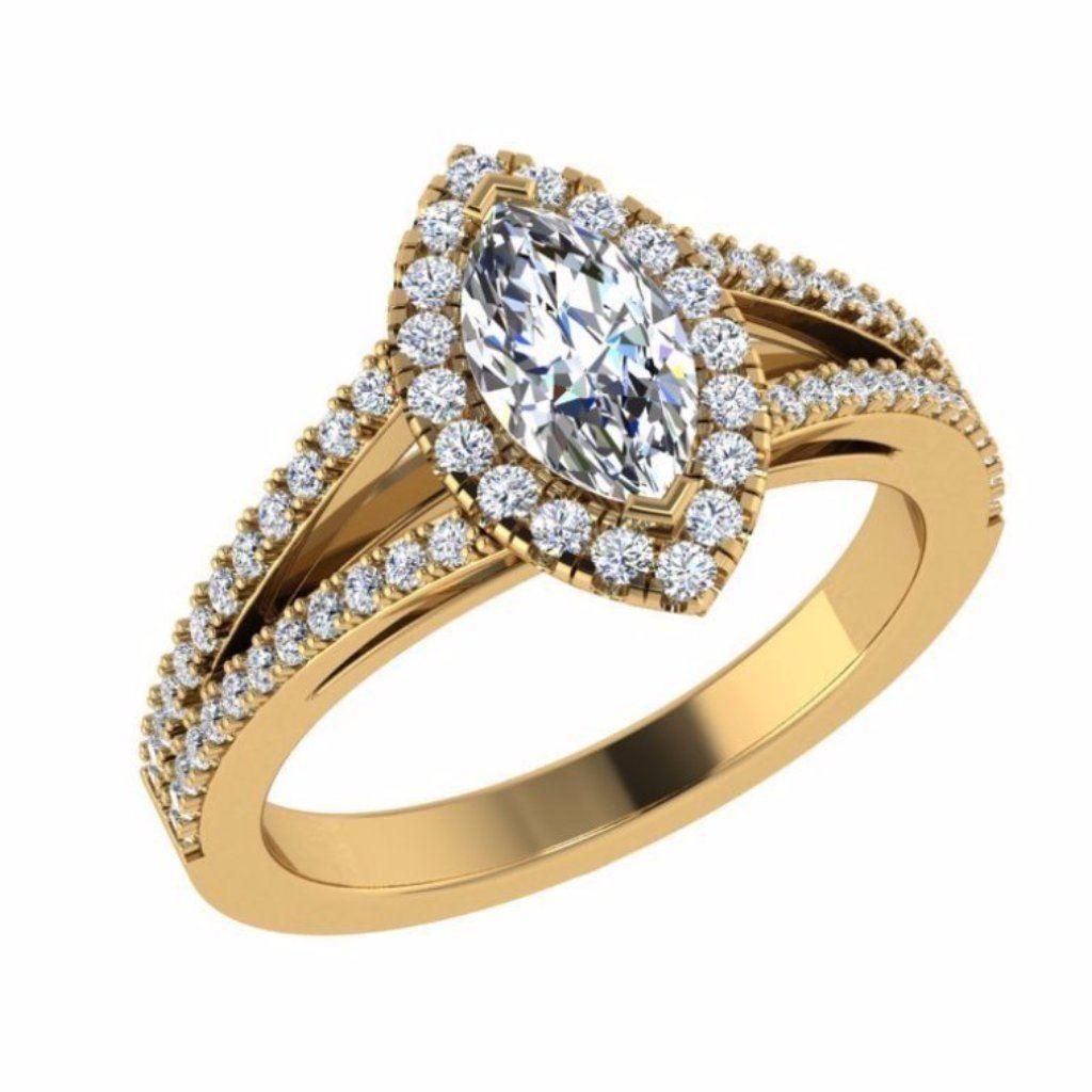 Marquise Diamond Split Shank Engagement Ring with Side Stones 18K Gold - Thenetjeweler
