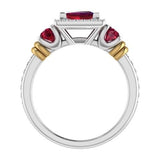Three Stone Ruby and Diamond Halo Ring 14K Gold - Thenetjeweler
