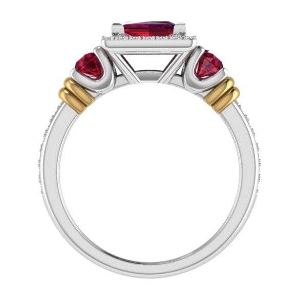 Three Stone Ruby and Diamond Halo Ring 14K Gold - Thenetjeweler