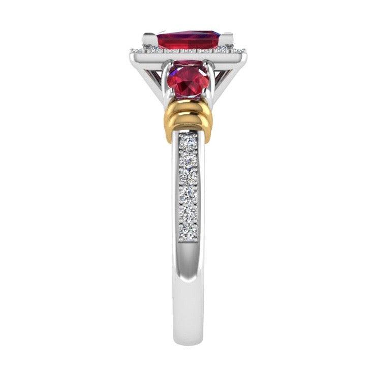 Three Stone Ruby and Diamond Halo Ring 14K Gold - Thenetjeweler