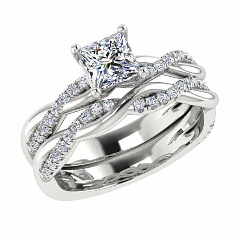 Princess Cut Twist Band Solitaire Engagement Ring Set 18K White Gold - Thenetjeweler