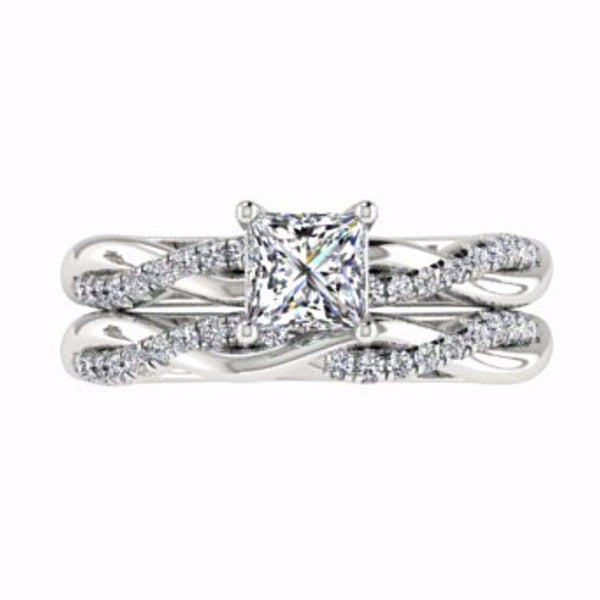 Princess Cut Twist Band Side Stone Engagement Ring Set 18K White Gold - Thenetjeweler