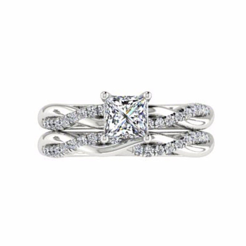 Princess Cut Twist Band Solitaire Engagement Ring Set 18K White Gold - Thenetjeweler