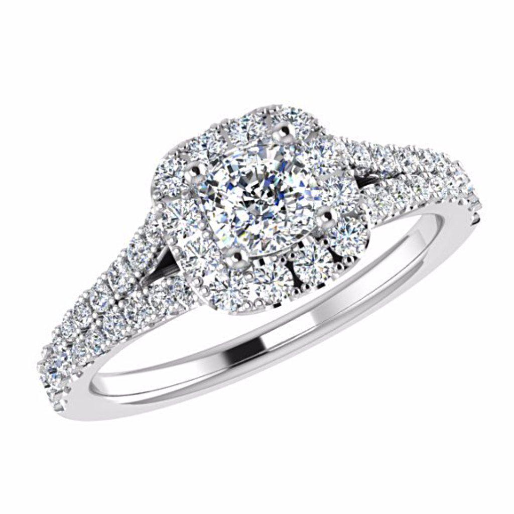 Round Diamond Cushion Halo Side Stone Engagement Ring 18K Gold - Thenetjeweler