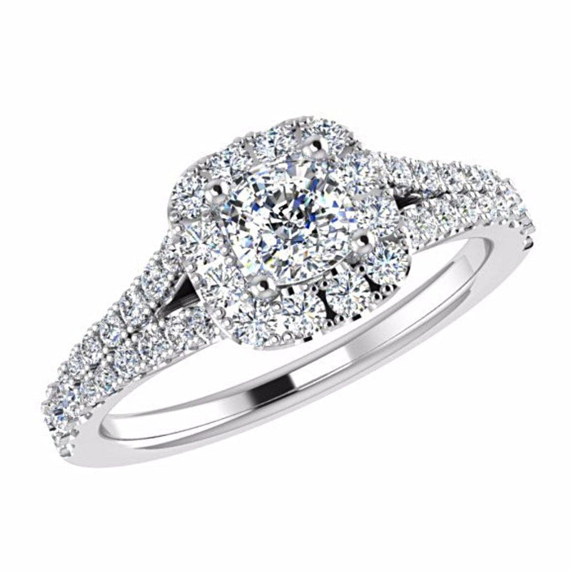 Cushion Diamond Halo Engagement Ring Split Shank Side Stone 18K Gold Setting - Thenetjeweler