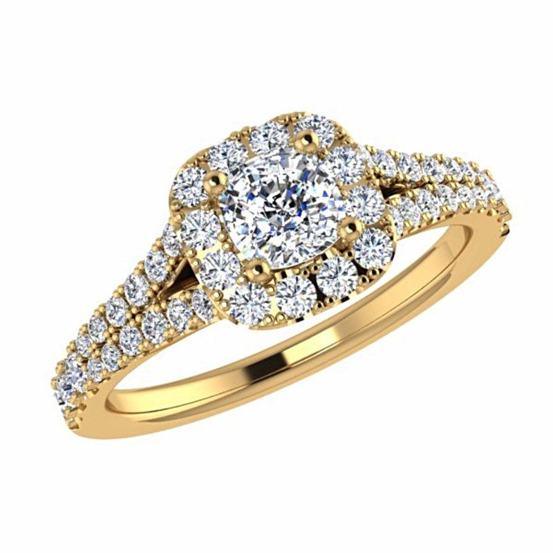 Cushion Diamond Halo Engagement Ring Split Shank Side Stone 18K Gold Setting - Thenetjeweler