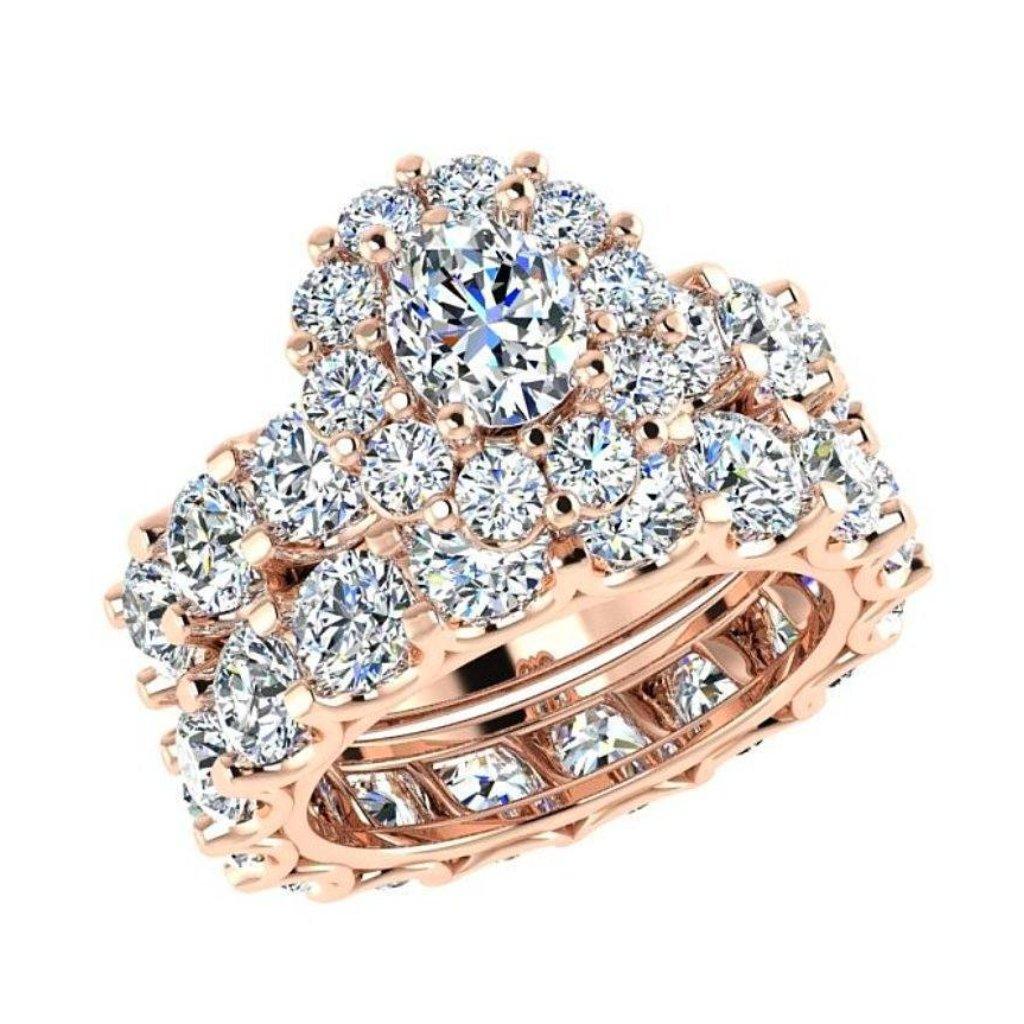 Oval Halo Diamond Ring and Eternity Set 18K Gold - Thenetjeweler
