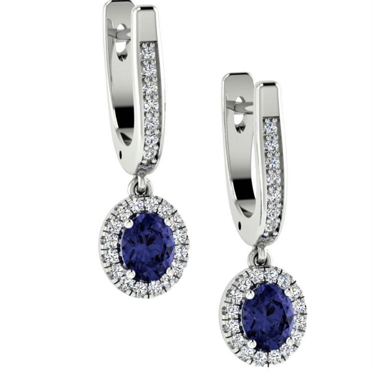 Oval cut Sapphire and Diamond Drop Earrings 18K White Gold - Thenetjeweler