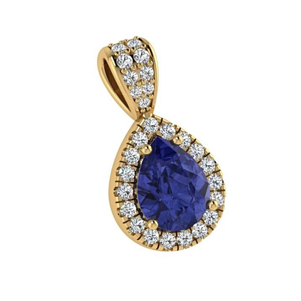 Sapphire Pear Shaped Diamond Halo Pendant 18K White Gold - Thenetjeweler