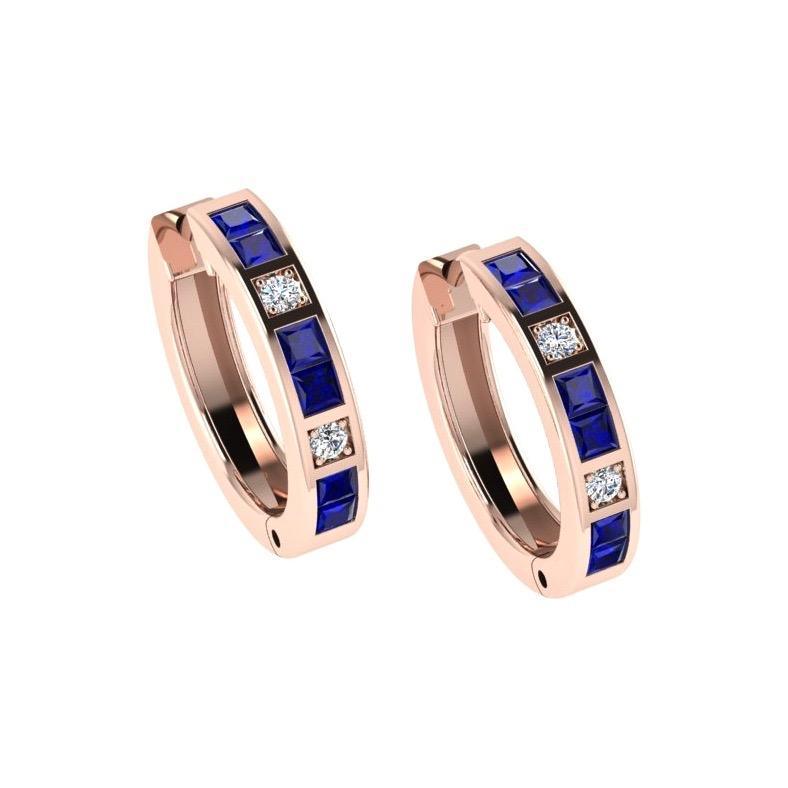 Diamond and Sapphire Hoops Huggies Earrings 14K Gold - Thenetjeweler