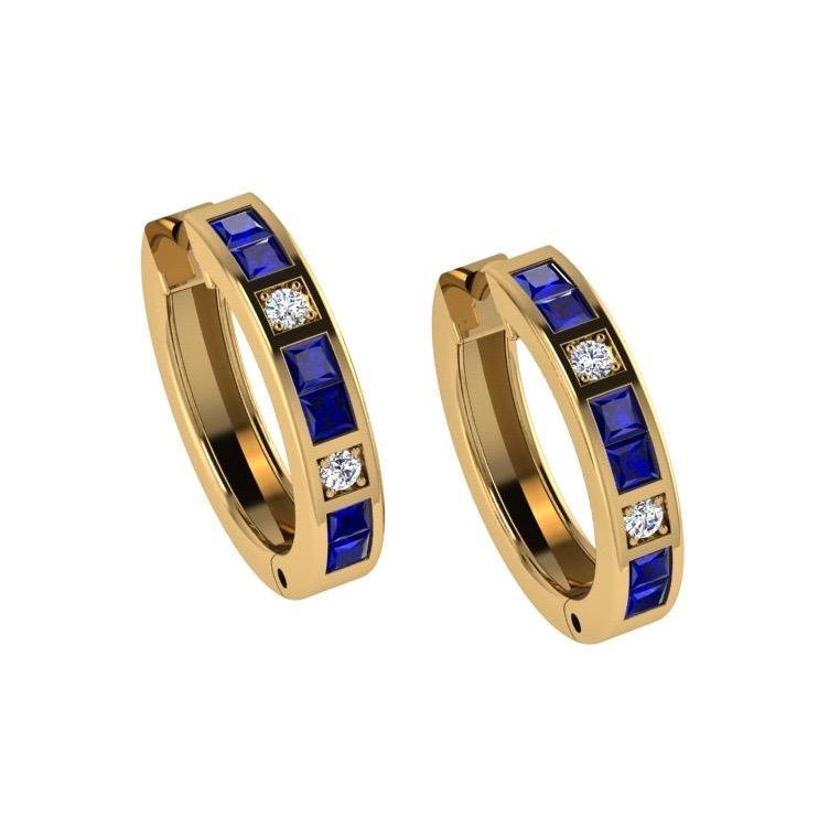 Diamond and Sapphire Hoops Huggies Earrings 14K Gold - Thenetjeweler