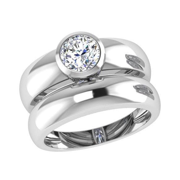Round Solitaire Diamond Bezel Engagement Ring and Band Set - Thenetjeweler