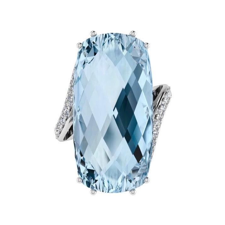 Large Cushion Blue Topaz and Diamond Ring 18K Gold - Thenetjeweler