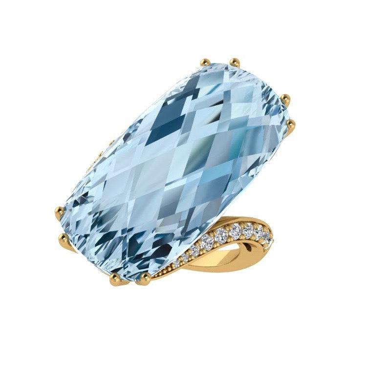 Large Cushion Blue Topaz and Diamond Ring 18K Gold - Thenetjeweler