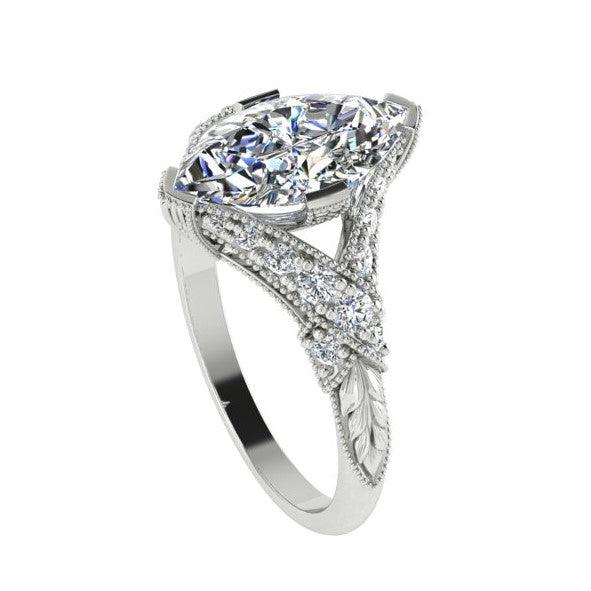 Marquise Diamond Side Stone Twisted Carved Band Engagement Ring 18K White Gold (0.26 ct.tw.) - Thenetjeweler