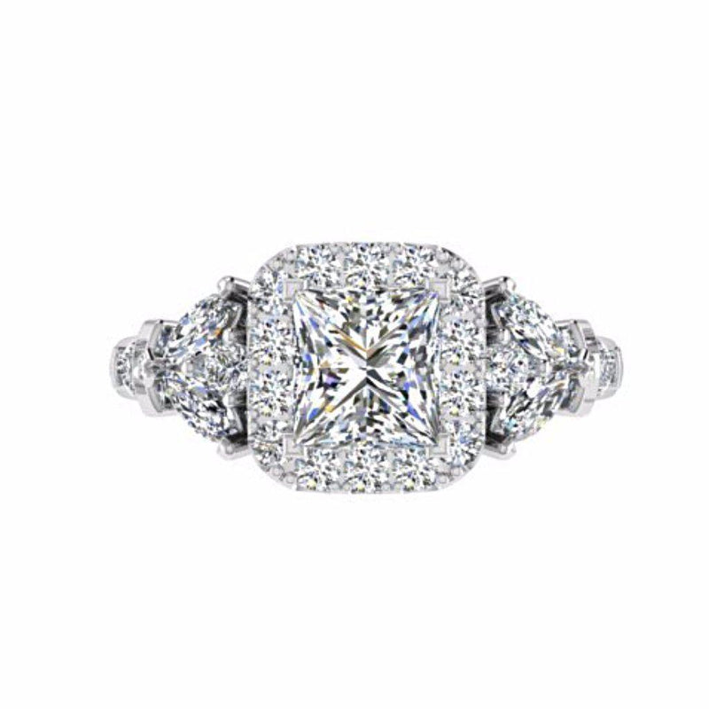 Princess Halo Diamond Engagement Ring with Fancy Side Stones 18K White Gold - Thenetjeweler