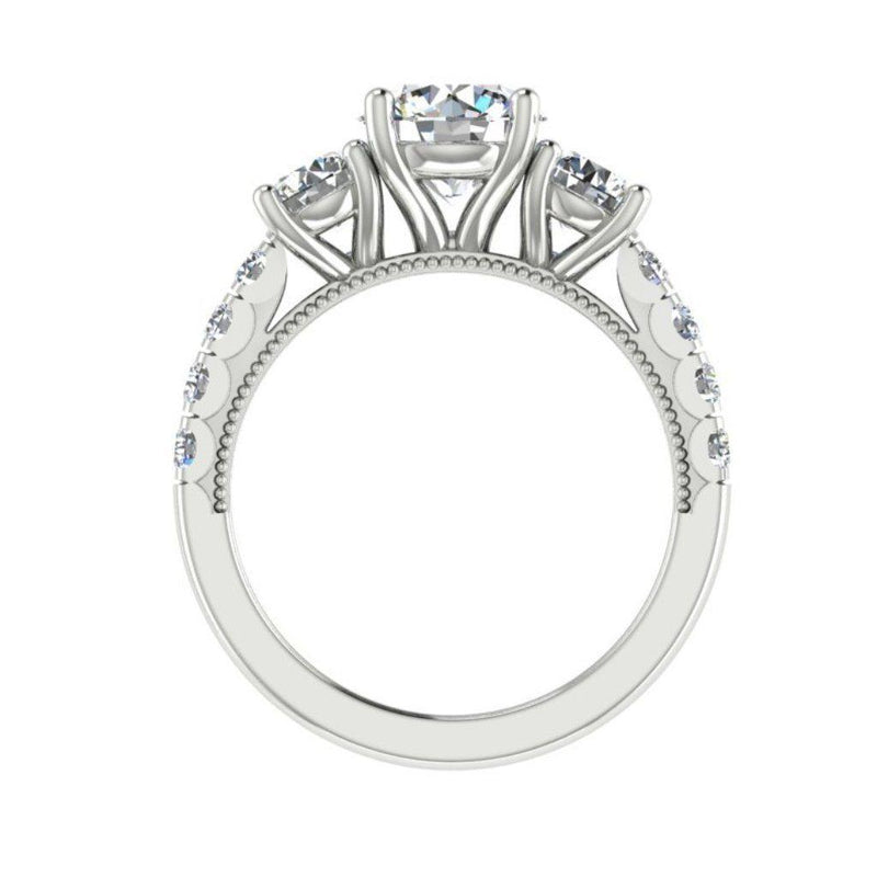 Round Three Stone Diamond Engagement Ring with Side Stones 18K Super White Gold - Thenetjeweler