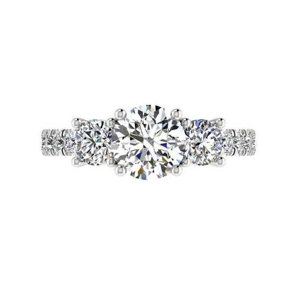 Round Three Stone Diamond Engagement Ring with Side Stones 18K Super White Gold - Thenetjeweler