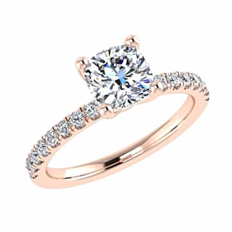 Cushion Diamond Side Stone Engagement Ring Single Prong Setting 18K Gold - Thenetjeweler