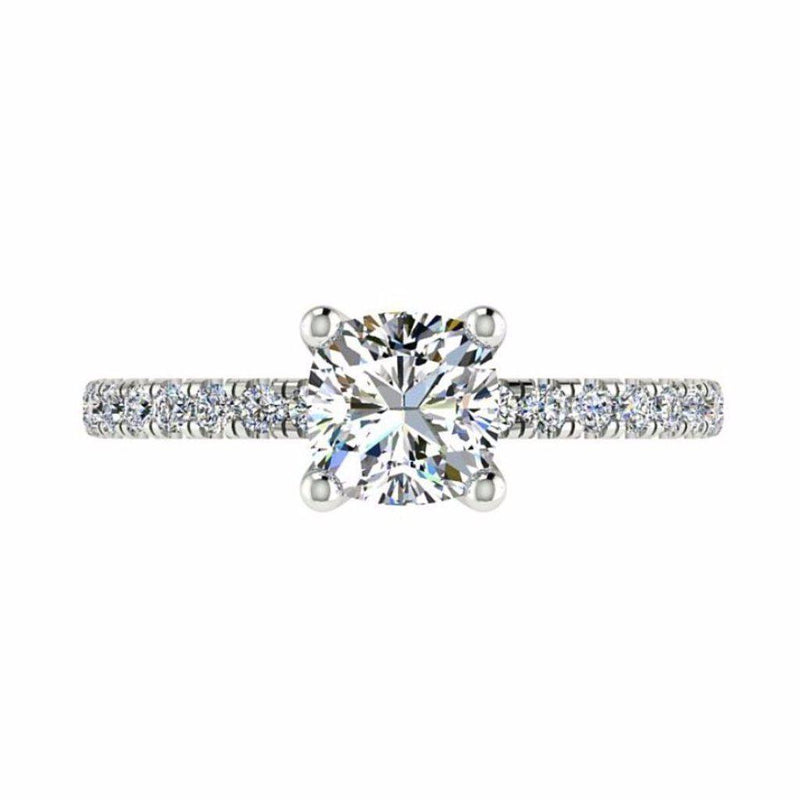 Cushion Diamond Side Stone Engagement Ring Single Prong Setting 18K Gold - Thenetjeweler