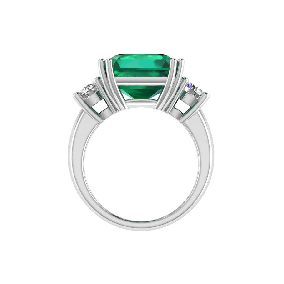 Emerald-Cut Emerald and Diamond Three Stone Ring - Thenetjeweler