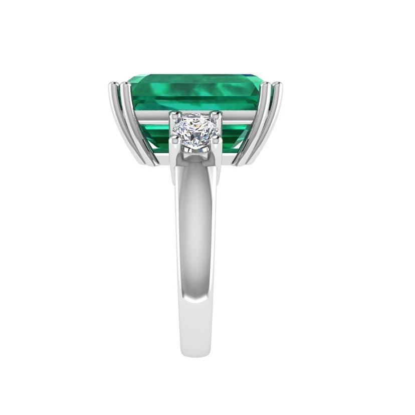 Emerald-Cut Emerald and Diamond Three Stone Ring - Thenetjeweler