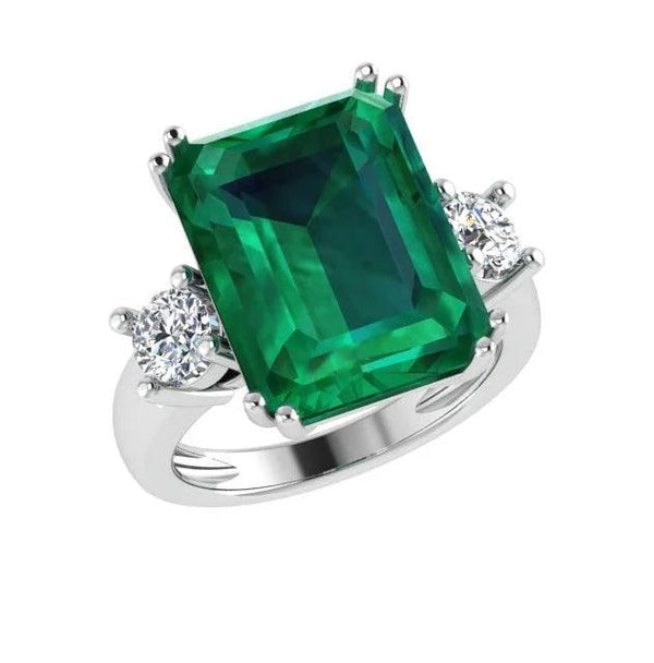 Emerald-Cut Emerald and Diamond Three Stone Ring - Thenetjeweler