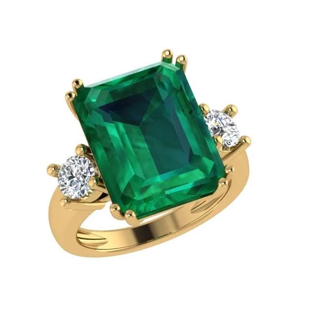 Emerald-Cut Emerald and Diamond Three Stone Ring - Thenetjeweler
