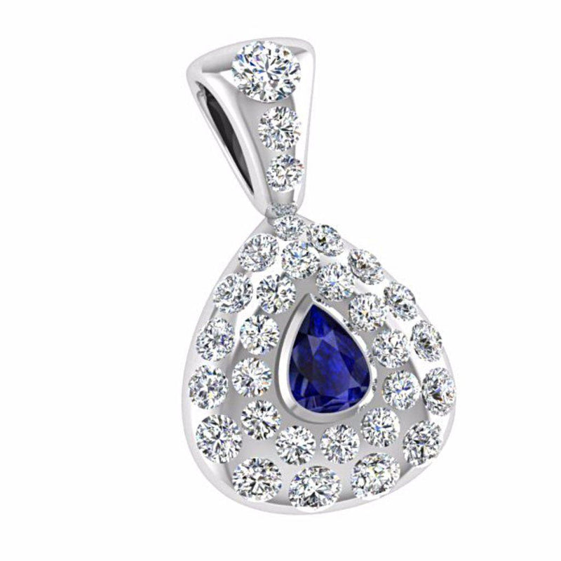 Diamond and Sapphire Pear Shaped Pendant 14K White Gold - Thenetjeweler
