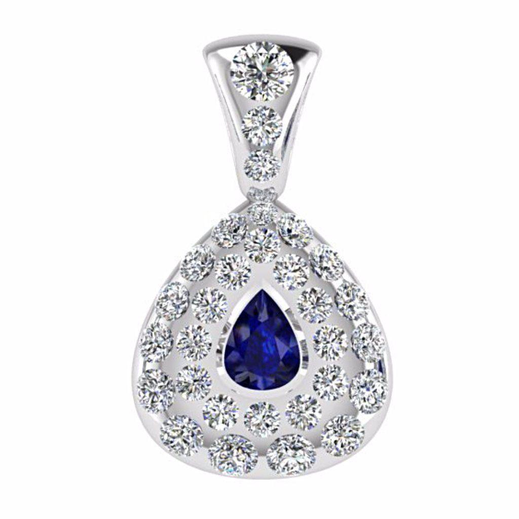 Diamond and Sapphire Pear Shaped Pendant 14K White Gold - Thenetjeweler