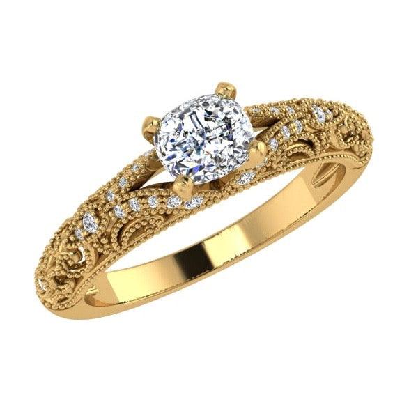Fancy Milgrain Cushion Diamond Engagement Ring 18K Gold - Thenetjeweler
