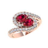 Twin Pear Rubies Diamond Ring 14K Gold Wave Band - Thenetjeweler