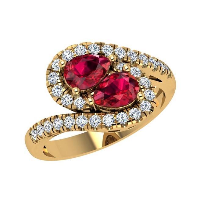 Twin Pear Rubies Diamond Ring 14K Gold Wave Band - Thenetjeweler