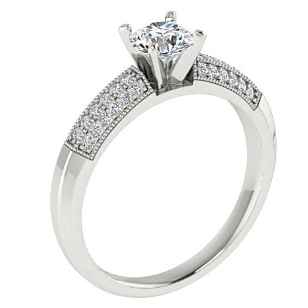 Round Diamond Engagement Ring with Side Stones 18K White Gold - Thenetjeweler