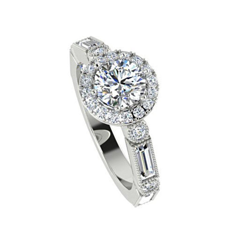 Round Diamond Halo Engagement Ring with Baguette Side Stones 18K Gold - Thenetjeweler