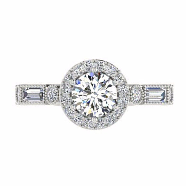Round Diamond Halo Engagement Ring with Baguette Side Stones 18K Gold - Thenetjeweler