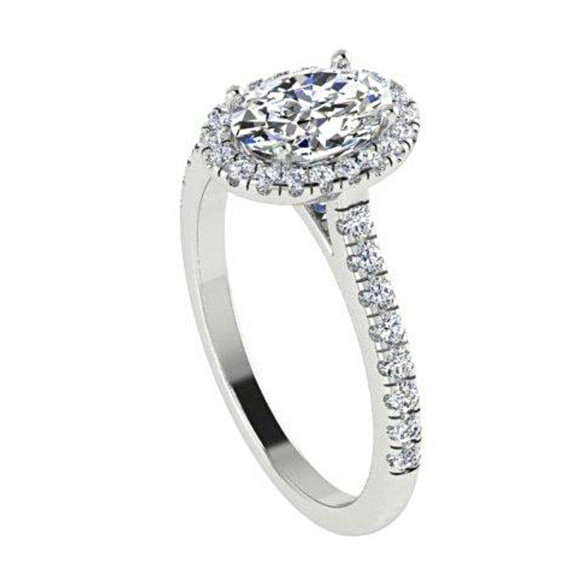Oval Diamond Halo Engagement Ring with Side Stones 18K White Gold - Thenetjeweler