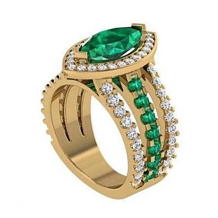 Marquise Diamond and Emerald Ring 18K Yellow Gold - Thenetjeweler